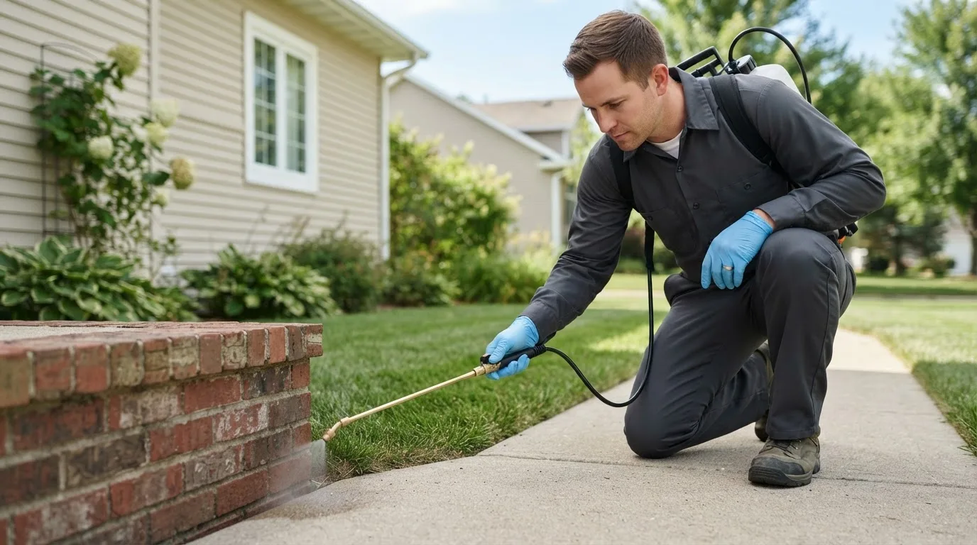 Pest control technician treating a home near Havelock, IA