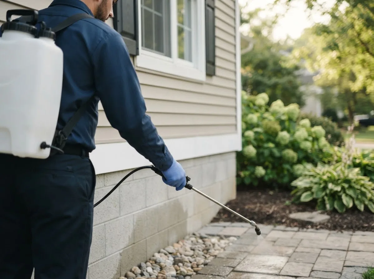 Pest control technician inspecting a home in Havelock, IA